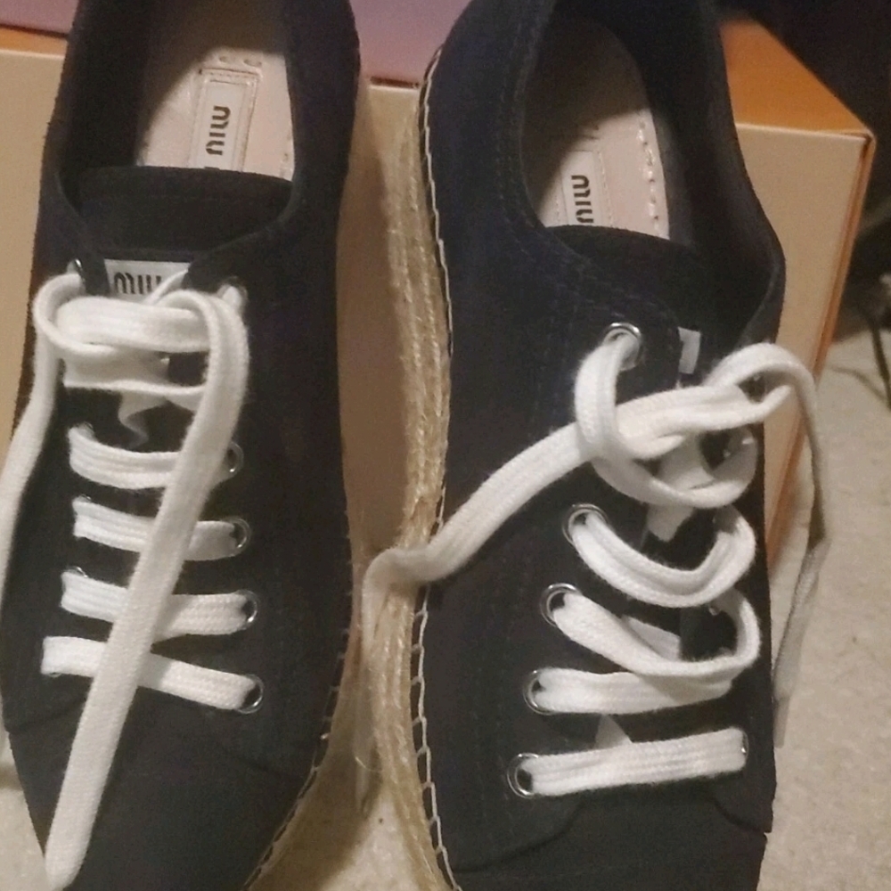 Miu Miu Black Canvas Espadrille Sneakers with White Laces
